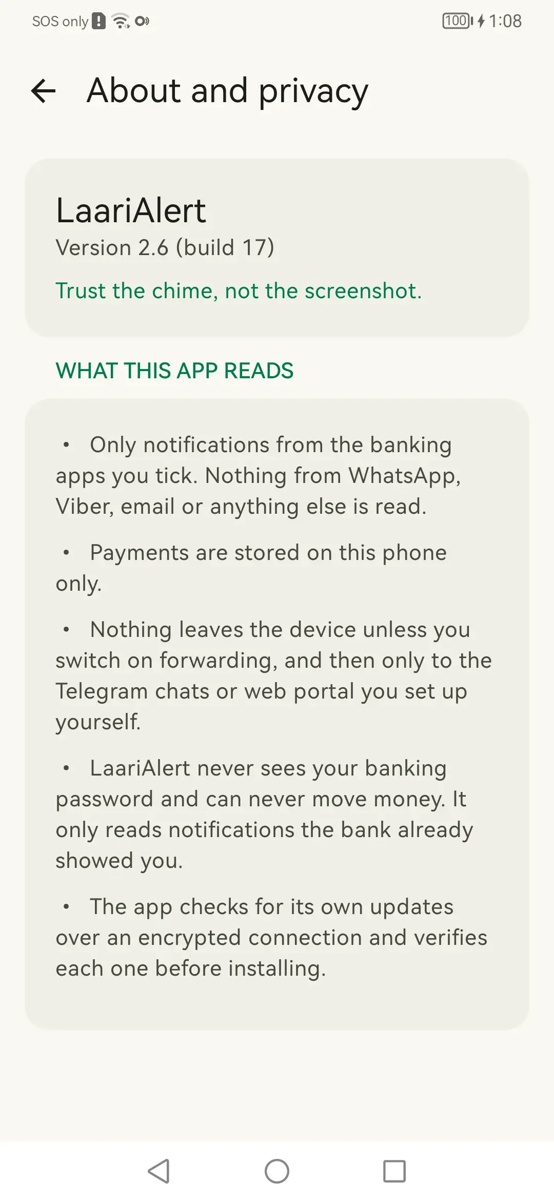 About and privacy: What it reads, in the app's own words.