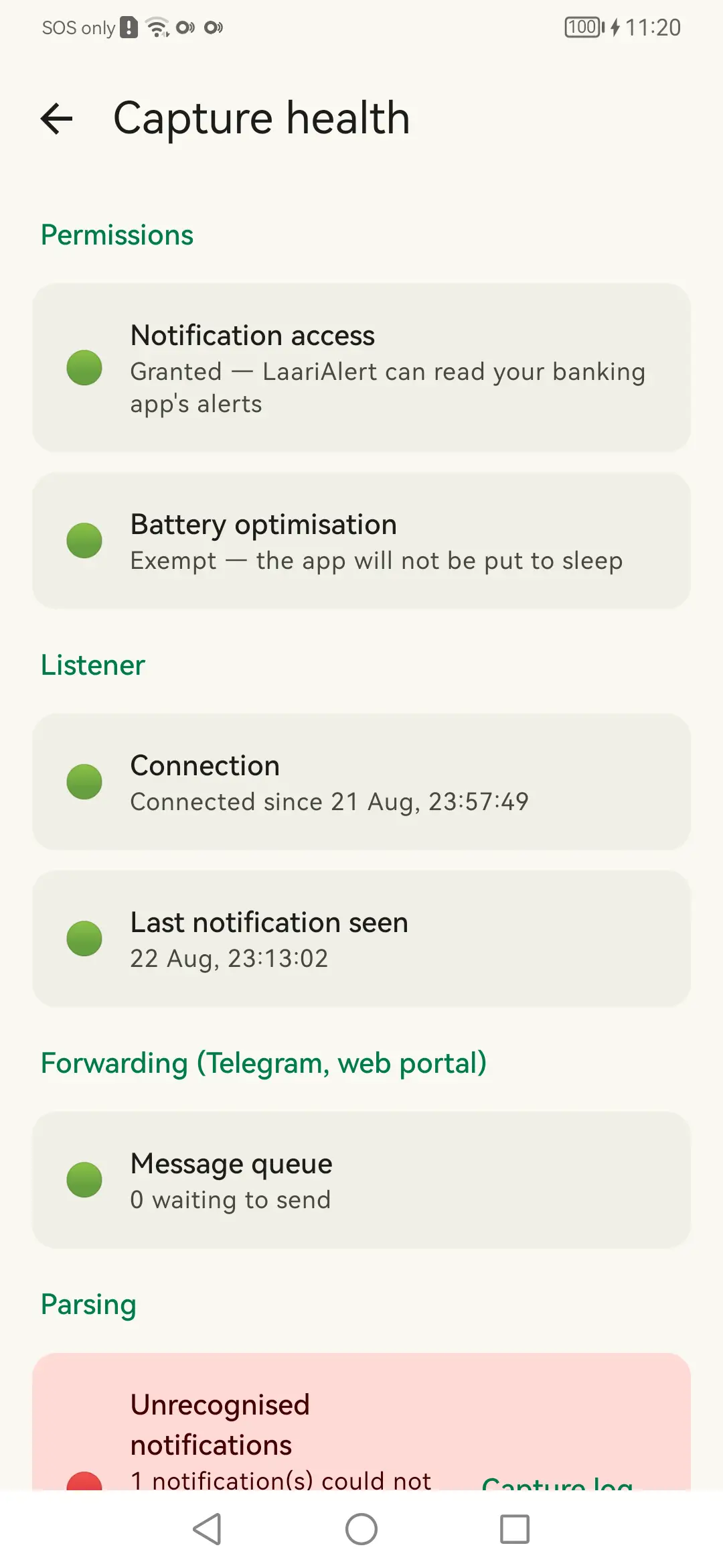 Capture health: Permissions, listener state and queue, in one place.