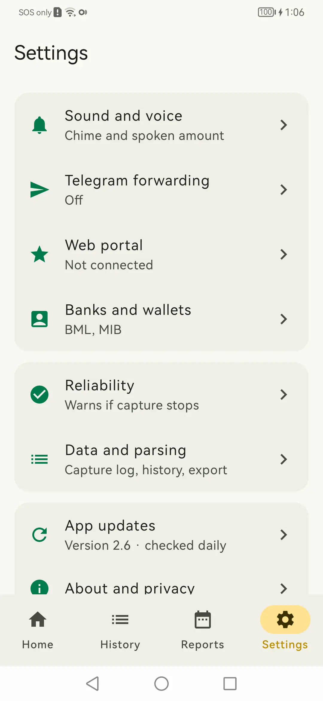 Settings: Everything the app can be told to do, on one screen.