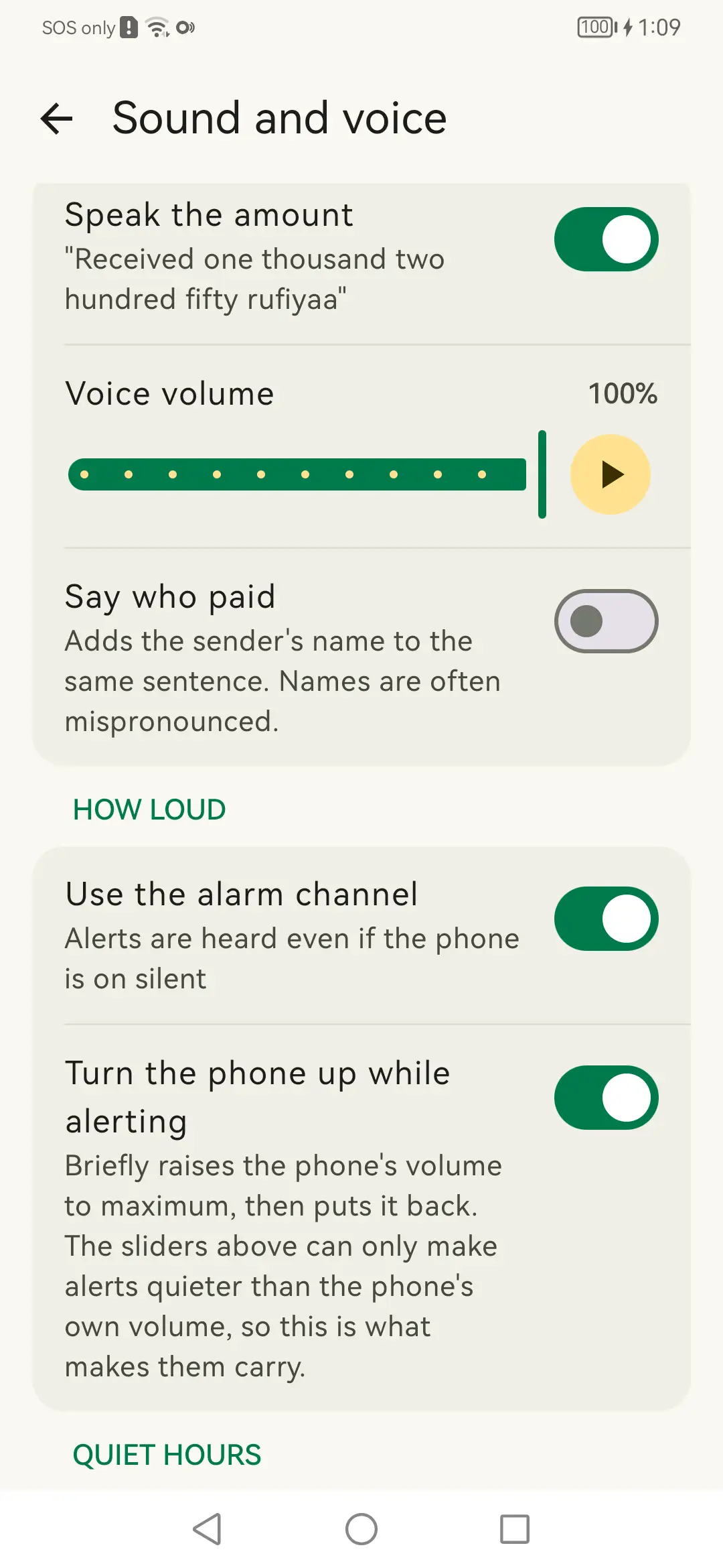 How loud: The alarm channel, so a phone left on silent still speaks.