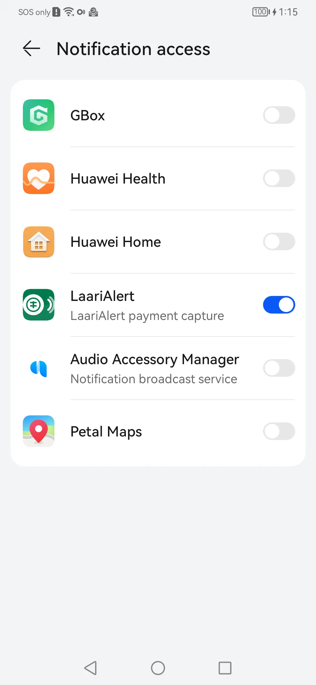 Notification access: LaariAlert switched on in Android's own list. Nothing works until this is done.