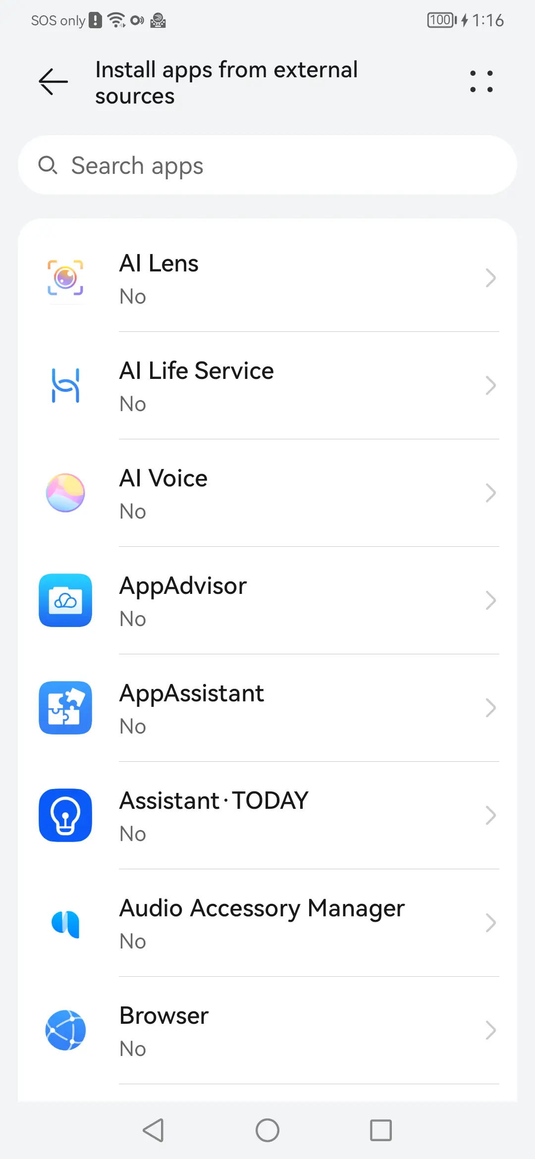 Install from external sources: Granted per browser, before a sideload can begin.